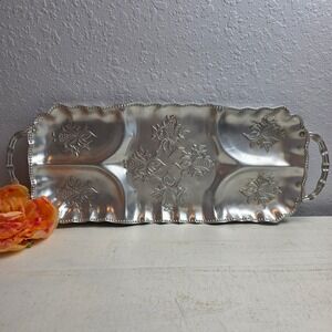 Vintage 50s Aluminum Divided Serving Tray Floral Embossed Handles Scalloped Edge